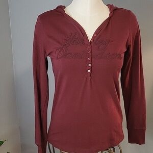Harley Davidson Maroon Beaded Logo Hooded Stretchy Long Sleeve Button Top Size S